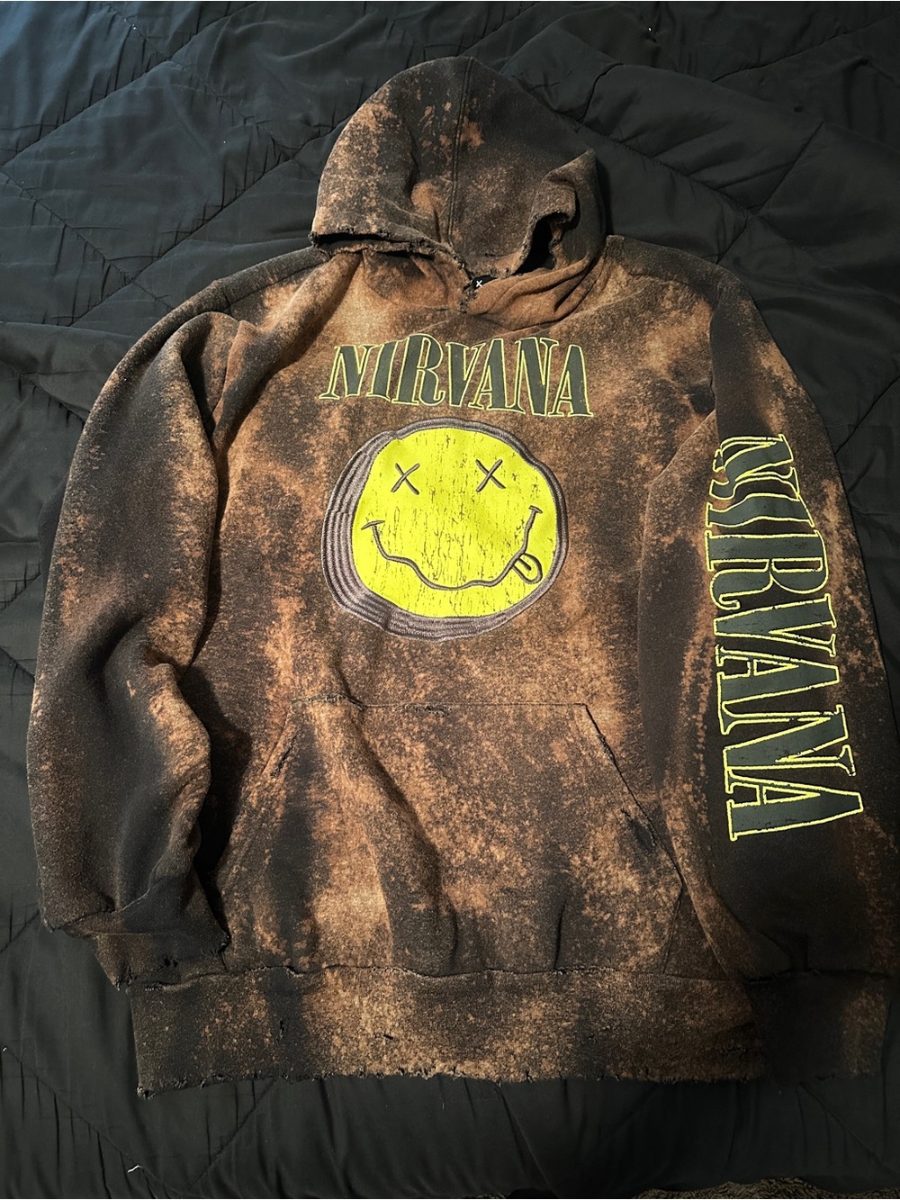 NIRVANA Brown Distressed Pullover Hoodie with Yellow Smiley Logo